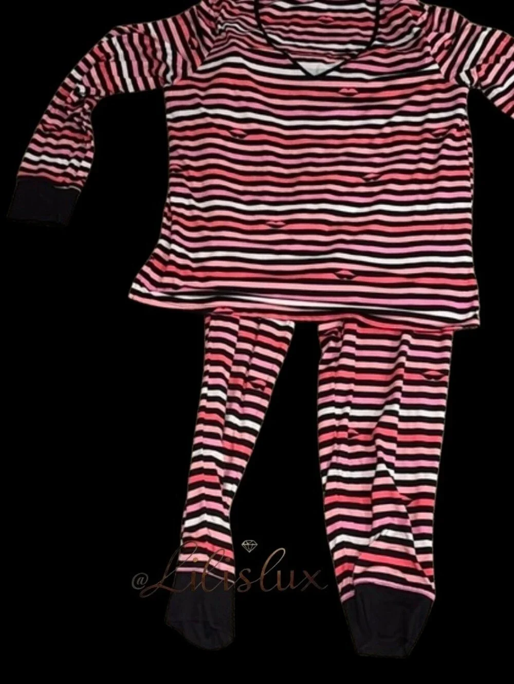 Kate Spade Jae Pajama Set Pink And Black Stripes Size Medium GUC Cute Fun Pocket